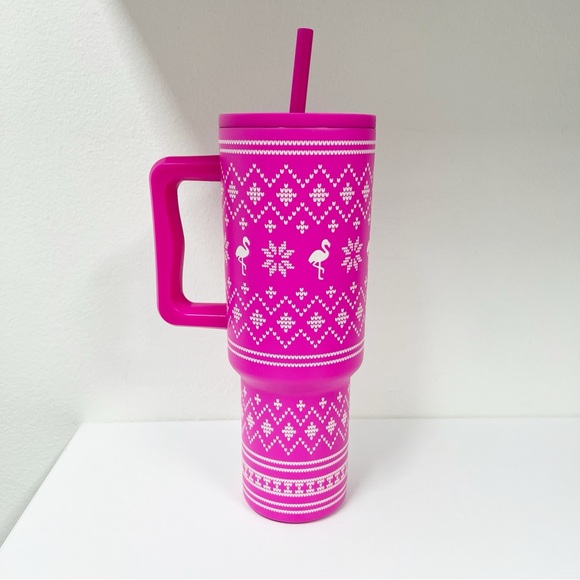 Simple Modern Pink Flamingo Fair Isle Trek 40 oz Handled Tumbler - Picture 4 of 5
